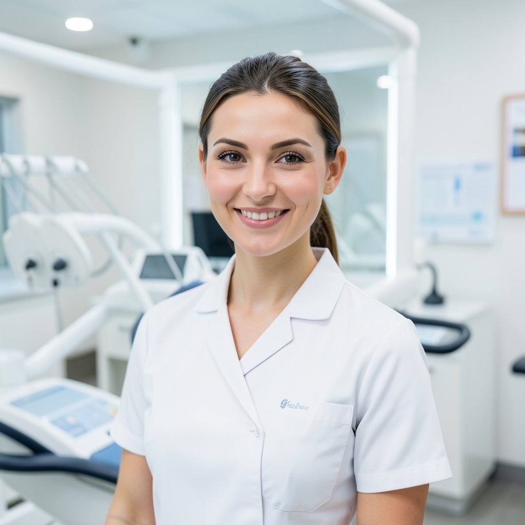 Professional female dental hygienist in white uniform, smiling, modern dental office background, head and shoulders, clean lighting.